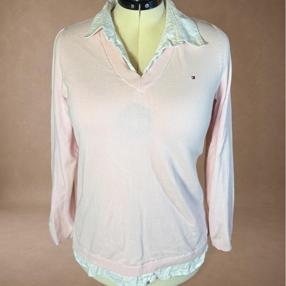 Vintage Tommy Hilfiger Pink Layered Collar V-Neck Sweater Women's Large Preppy